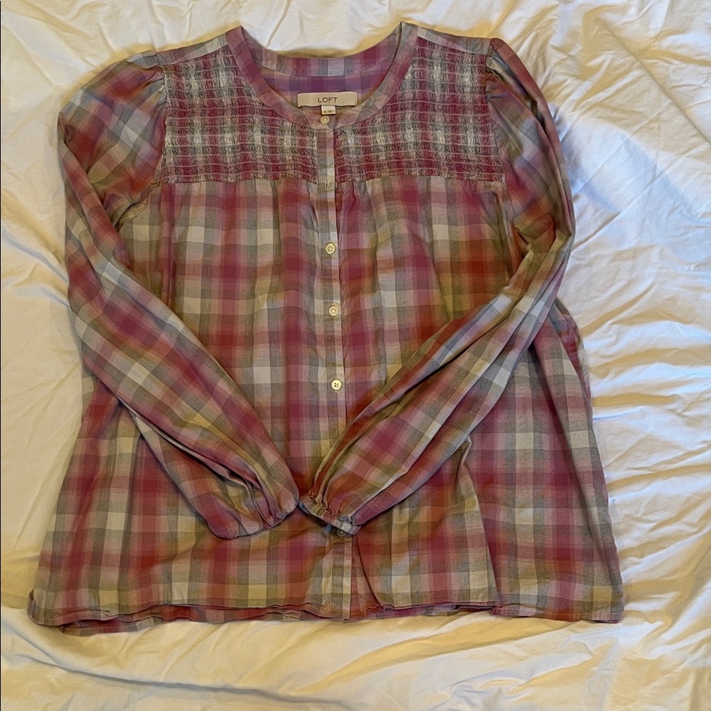 LOFT Multicolor Plaid Long Sleeve Blouse